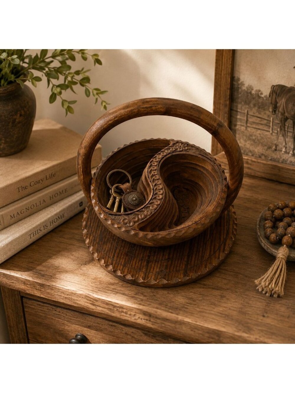 Beyond Woodwork Collapsible Wooden Basket Yin Yang Floral Paisley Handcrafted